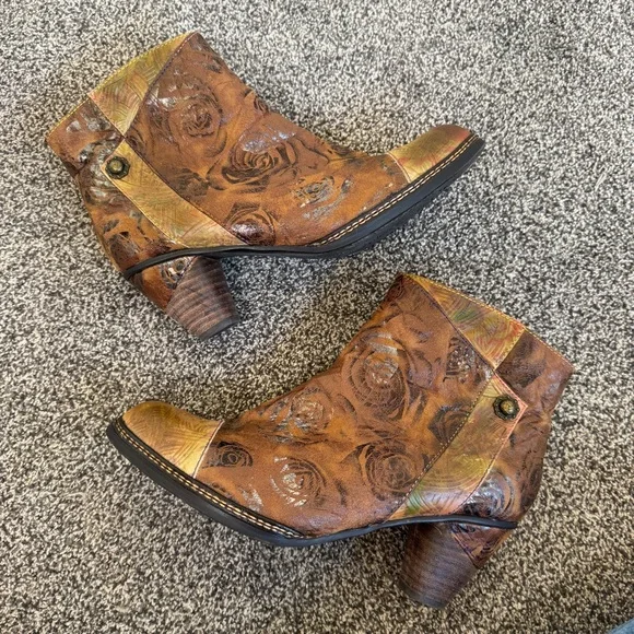 L’artiste Water lily Ankle Booties Boots Size 40 Side Zip Floral Brown Leather - Picture 4 of 9